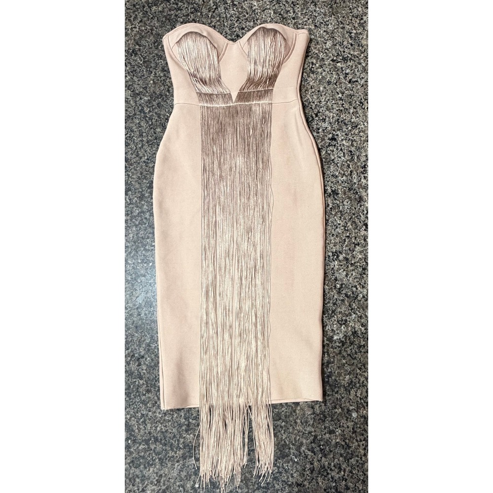 Bella Barnett Xiamara Tassel Bandage Midi Dress Champagne Strapless Small
